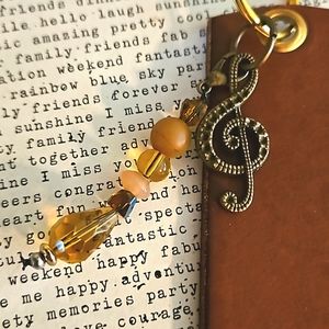 Vintage leather keyring glass bead charm brass treble clef music lover ooak